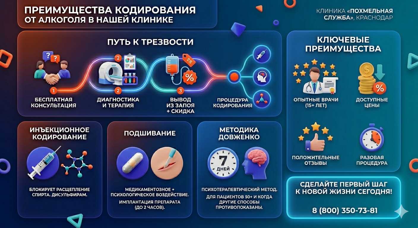Инфографика о методах кодирования от алкоголя в Гае: инъекции, подшивание, метод Довженко. Преимущества клиники и этапы лечения.