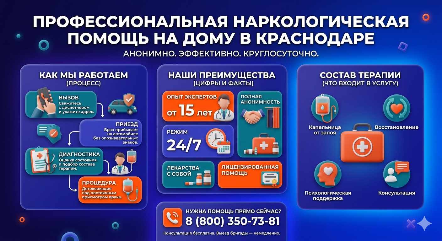 Инфографика о принципах лечения алкоголизма на дому в Гае: этапы вызова нарколога, преимущества анонимной детоксикации и состав медицинской помощи.